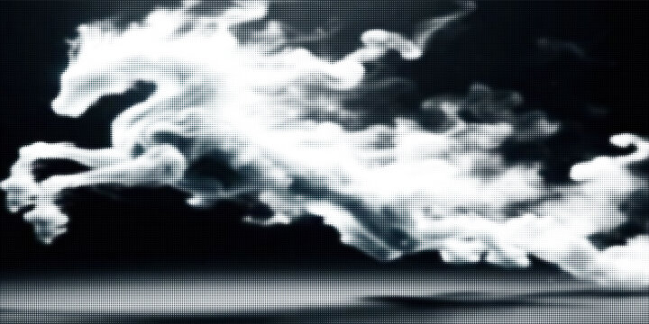 Abstract Digital Smoke Cloud Shaped Like a Galloping Horse Over Pixelated Horizon