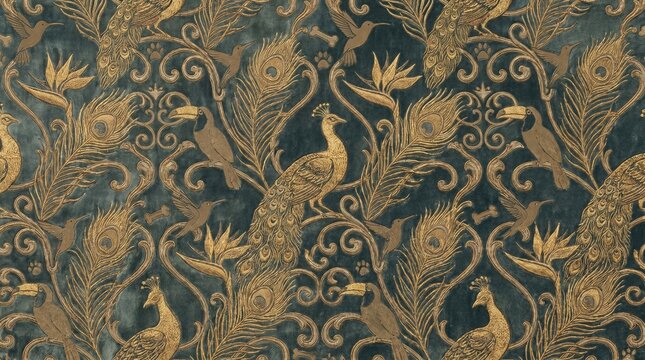Vintage Peacock and Tropical Bird Seamless Pattern with Golden Feathers Ornamental Flourishes and Luxury Nature Background