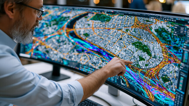 Digital twin simulation specialist dragging virtual building blocks across a city model interface displayed on a curved ultrawide monitor, traffic simulations and flood risk overlays active as a mun