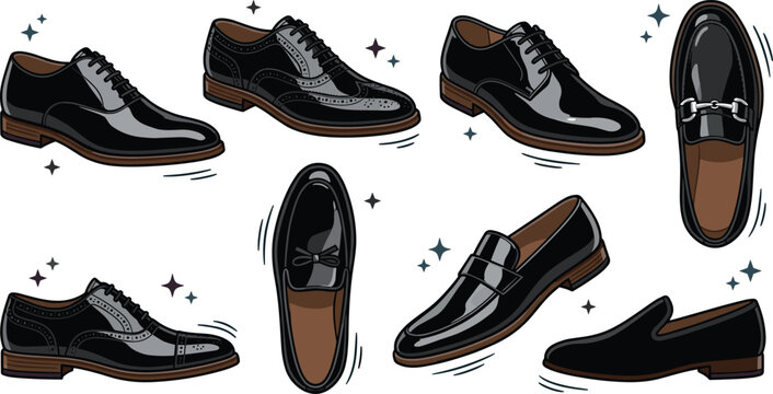 Men&rsquo;s Formal Dress Shoes Collection with Oxford Loafer Derby and Brogue Footwear Fashion Vector Illustration Set