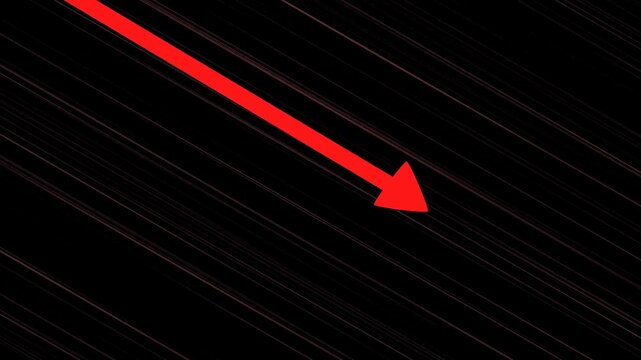 Declining Business Red Arrow Animation On Dark Background with Motion Speeding Effect Down.  Financial Loss Concept. Animated Downward Arrow with Dramatic Decline, Economic Recession, Market Crash, 