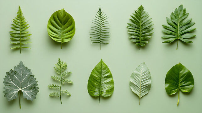green botanical leaf texture set arranged in minimal pattern style, eco nature background design
