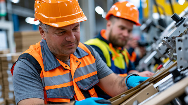 Kraft paper packaging machine operator clears a paper web jam from a folder-gluer unit while a maintenance technician photographs the fault point for documentation, stacks of finished flat-pack boxe