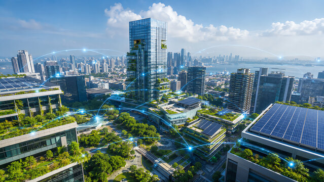 Aerial view of a modern urban cityscape with green spaces, solar panels, and skyscrapers reflecting innovation and sustainability.