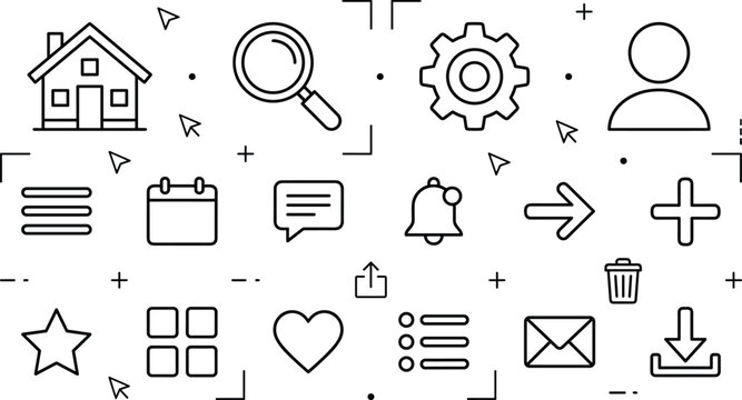 Website user interface line icon set featuring home search gear profile calendar and general buttons