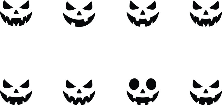 Spooky carved pumpkin faces set with various evil expressions for creative halloween lantern design.