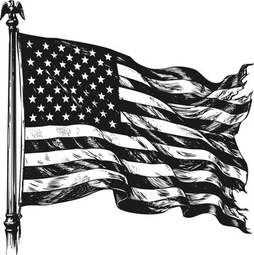 American flag waving on pole with eagle finial during a storm with torn fabric in dramatic sketch style