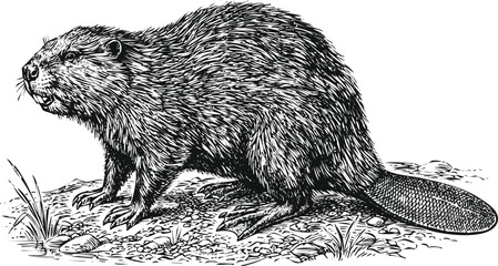 Beaver climbing tree trunk with detailed fur texture in vintage engraving style for natural history illustration © Ishtiaq