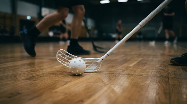 Low angle view of a floorball stick and ball on polished gymnasium wooden floor surface