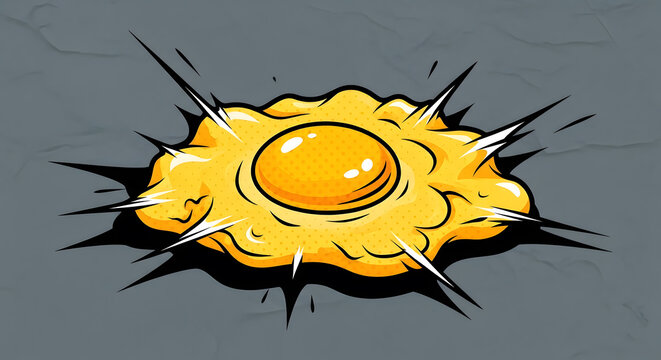 Comic Book Style Illustration of a Fried Egg Splattered on a Grey Ground Surface with Dynamic Motion Lines and Vibrant Yellow Texture