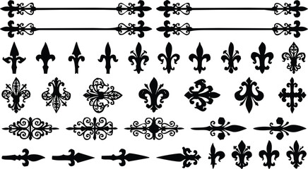 Collection of ornate black decorative elements with fleur de lis and scrollwork on a white background © Ishtiaq