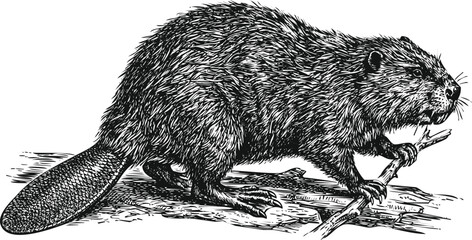 Engraved beaver gnawing wood with detailed fur texture on a white background vintage illustration © Ishtiaq