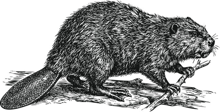 Engraved beaver gnawing wood with detailed fur texture on a white background vintage illustration