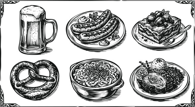 German Oktoberfest food and drink illustration with beer pretzel sausages cake and roast chicken in vintage engraving style