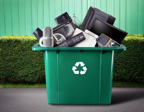 ewaste recycling bin filled with discarded electronic appliances