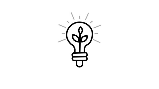 White outline of a lightbulb with a plant sprout inside on a solid white background 4k video.