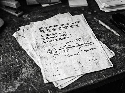 Retro 1998 Project Beta Meeting Notes with System Flowchart Diagram