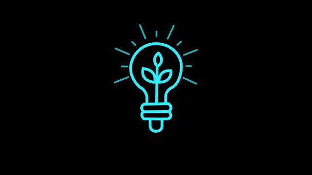 White outline of a lightbulb with a plant sprout inside on a solid black background 4k video.