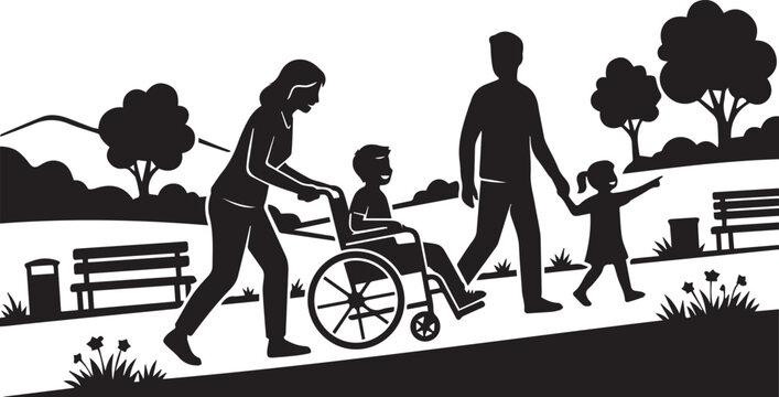 Heartwarming family moment with child in wheelchair in park, silhouette style on white background, inclusivity concept