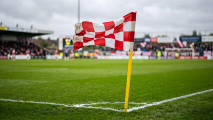 Yellow and red checkered corner flag on a vibrant green soccer pitch © Rifqi