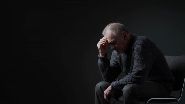 Sad elderly man and depression in dark room with grief, mental health and loneliness. Senior male, retirement and solitude in studio with pain, misery, thinking and alone for healthcare service.