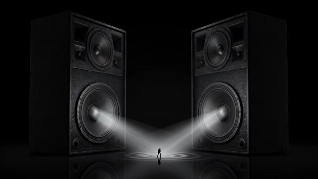 Sound speakers, audio and concert with silhouette of man for music performance, sound system and stage lighting. Professional equipment, subwoofer and bass with volume, entertainment and night show