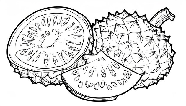 Black and white line art of soursop fruit slices.