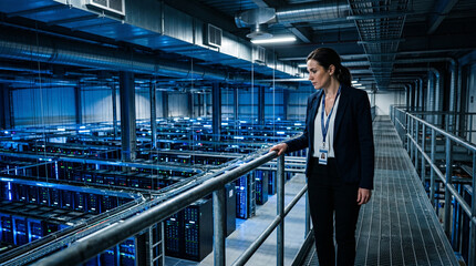 Fototapeta premium Businesswoman standing on gantry overlooking large-scale data center facility.
