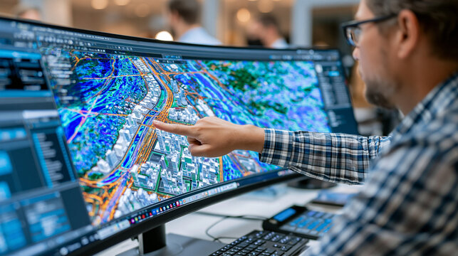 Digital twin simulation specialist dragging virtual building blocks across a city model interface displayed on a curved ultrawide monitor, traffic simulations and flood risk overlays active as a mun