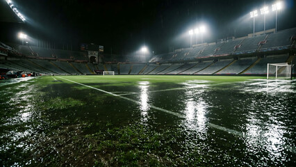 Reflective wet grass field under bright stadium lights during a rainy match night © Rifqi