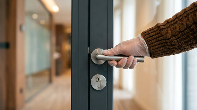 Close up of a hand wearing a protective latex glove holding a metal door lever handle