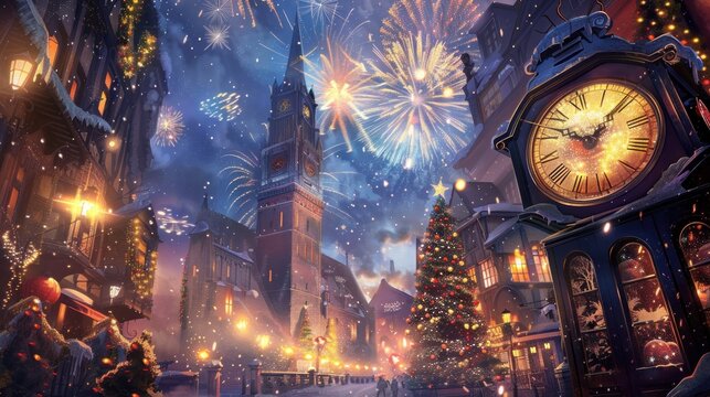 A festive cityscape with a snow-covered clock tower and Christmas tree, illuminated by fireworks exploding in the night sky.