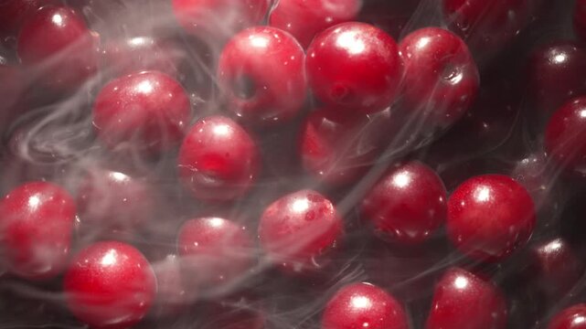 Process of Freezing fresh cherries, macro. Close-up.