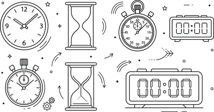 Time management and clocks line icon set featuring wall clock hourglass stopwatch and digital alarms
