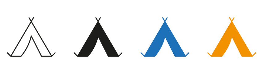 Tent icon. Collection of outline and filled camping shelter symbols representing outdoor adventure, wilderness exploration, camping tourism and nature retreats. © BEN HDA