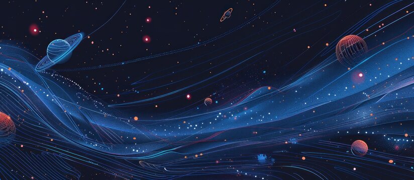 Abstract cosmic landscape with planets and glowing lines in a dark blue space.
