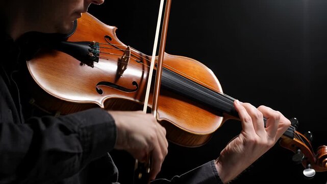 Violin, musician and playing instrument on stage for classical performance, orchestra concert and artistic hobby. Professional man, musical strings and bow in studio with talent, sound and song.