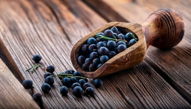 close up of juniper berries in wooden scoop on rustic table