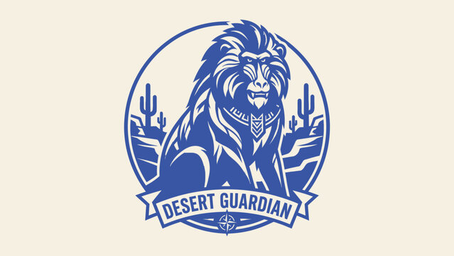 Desert guardian baboon vector emblem with wild animal mascot and cactus landscape illustration
