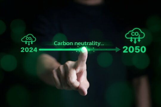 Carbon neutrality concept. Hand touching increasing arrow with carbon reduction for decrease CO2 or carbon neutral by 2050. Carbon footprint, Net Zero, Climate change, Global warming, CO2 emissions,