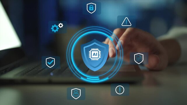 Enterprise AI Security Protection. Artificial intelligence governance compliance monitoring and cybersecurity defense control. Risk Management Cybersecurity Technology. 