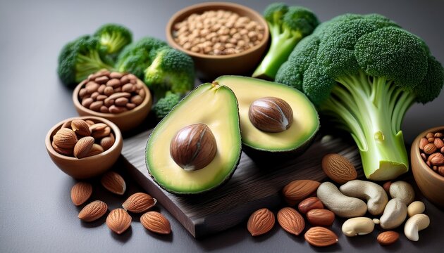 healthy food sources rich in potassium nutrient mineral with avocado broccoli and nuts