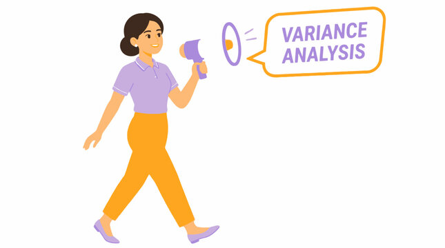 Woman holding megaphone with variance analysis text.