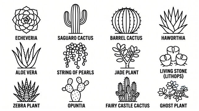 Cactus and Succulent Houseplants Minimal Line Art Icon Set with Echeveria, Saguaro, Aloe Vera, String of Pearls, Jade Plant, and Lithops Vector Illustration