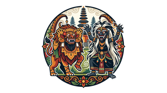 Balinese Barong and Rangda circular emblem mythology illustration