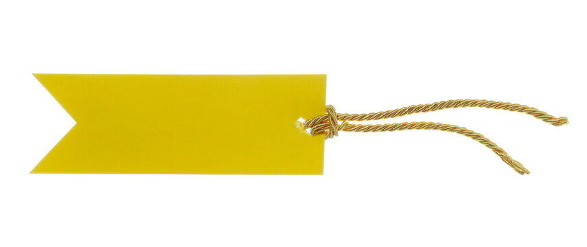 Blank yellow cardboard price tag tied with golden string flying, isolated on white background, clipping path