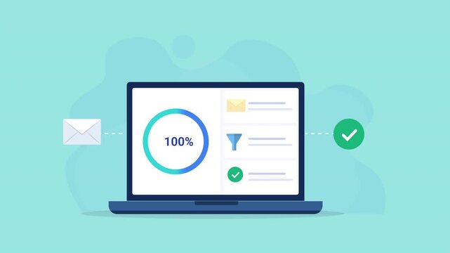 Animated flat vector illustration of a laptop displaying an email marketing dashboard with progress indicator, campaign funnel, and verification icons. Modern email automation, lead generation, and di