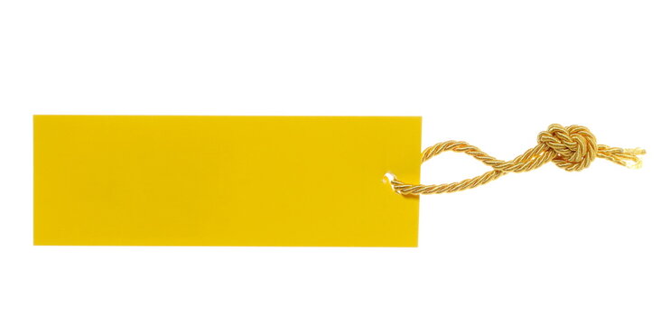 Blank yellow cardboard price tag tied with golden string flying, isolated on white background, clipping path