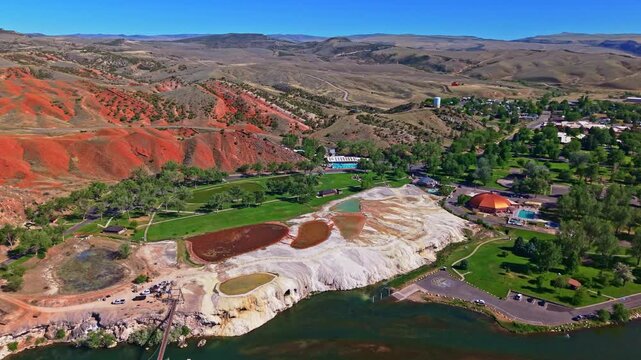 Scenic aerial view of Hot Springs State Park and Sneider's Point in Thermopolis Wyoming overlooking the Bighorn River valley