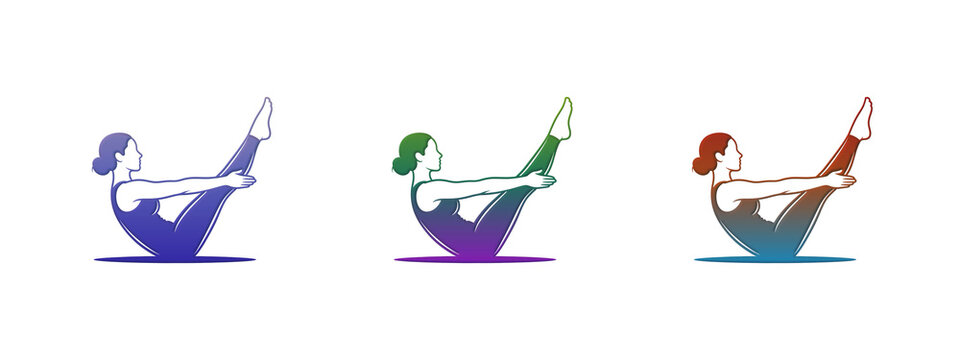 Woman doing yoga boat pose in colorful gradient style